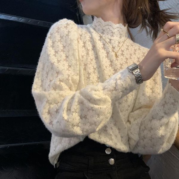 

2021 new blouse hollow lace shirts korean zippered semi high collar bottoming blusas de mujer vintage long sleeve goth, White