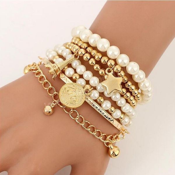 

6pcs/set gold silver color link chain pearl beads bracelet star multilayer beaded bracelets set for women charm party jewelry gift, Golden;silver
