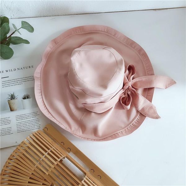

women fashion hats summer cloth cap solid color new bow fisherman hat ladies basin cap folding sunscreen super large visor, Blue;gray