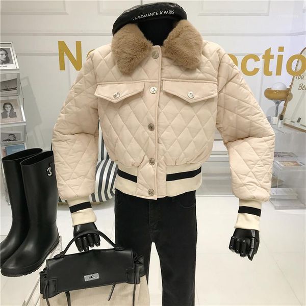 

niche design lingge cotton clothes woman winter new loose versatile short fur collar with thickened warm cotton padded jacket1, Black;brown