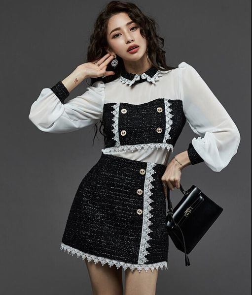 2021 Schwarz Eine Linie Koreaner Frühling Herbst 2 Stück Set Frauen süße Chiffon Patchwork Tweed Peter Pan Kragenhemden Top + Kurzrock -Outfit