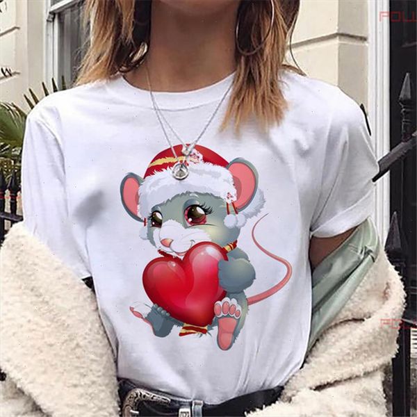 

cute mouse heart printed short sleeve merry christmas women t shirt o neck t shirt female clothes fashion tshirt, White