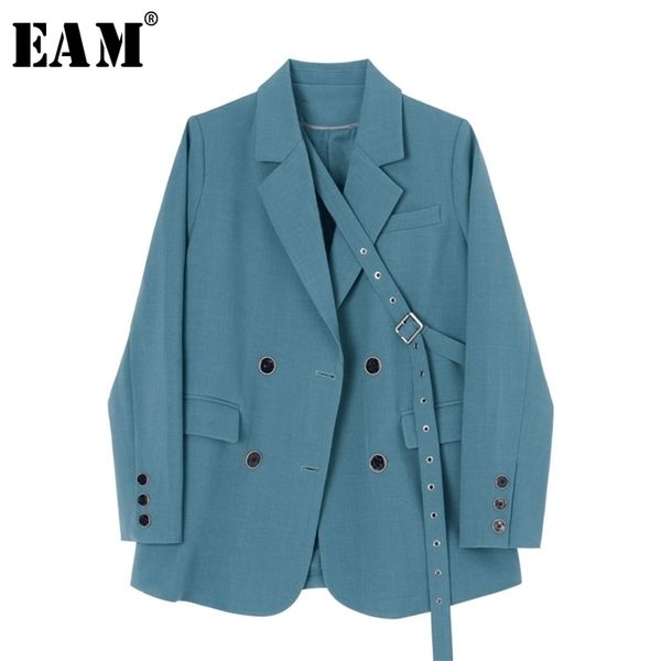 

[eam] women blue brief bandage temperament blazer new lapel long sleeve loose fit jacket fashion tide spring autumn 2020 lj201214, White;black
