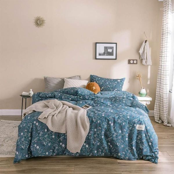 

white floral leaves blue nordic duvet cover set flat fitted sheet cotton bedlinens hypoallergenic twin  size bedding set1