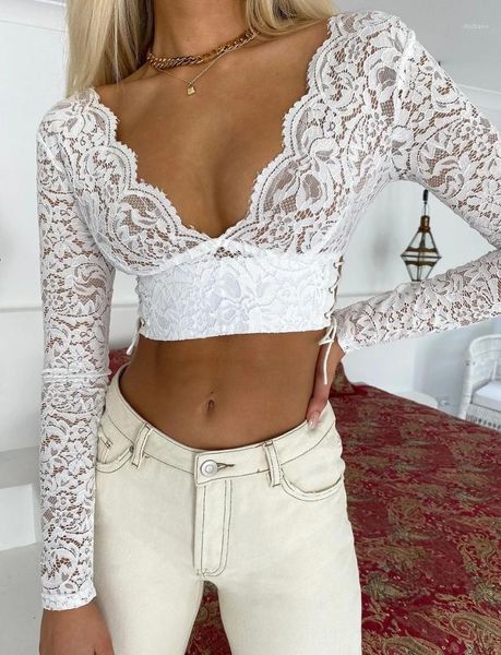 

lace sheer white blouse women long sleeve slim fit fashion new deep v neck lace-up crop lady backless shirt1