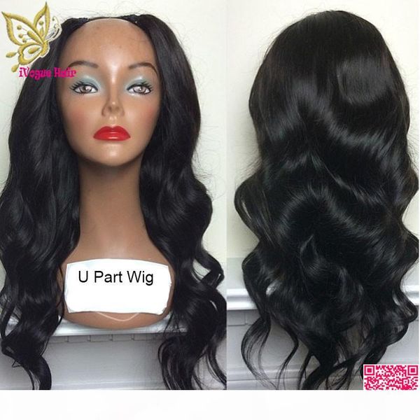 

u part human hair wigs wavy brazilian hair glueless u part wig body wave middle part upart wig for black women, Black;brown