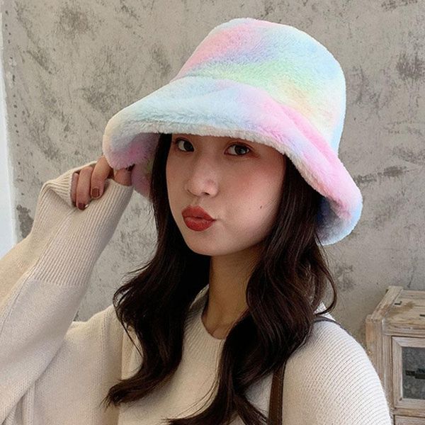 

fashion tie-dye rainbow color women hat round warm fisherman hat tie dye bucket cap sweet cute girls autumn winter faux fur cap, Blue;gray