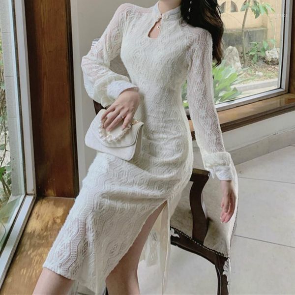 

casual dresses philosophy wonder elegant cheongsam dress chinese style solid sheath button split midi slim chic vestidos1, Black;gray