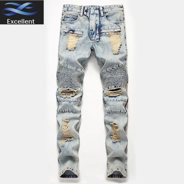 

biker hombre mens jean pantalones одежда slim fit мотоцикл винтаж улица разорванные джинсы 2021 джинсовые штаны мужчины, Blue