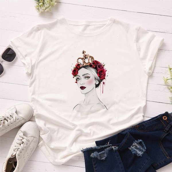 

2021 fashion women t shirts summer short sleeve vogue lady print aesthetics tshirts girls tee shirts o neck polyester top, White