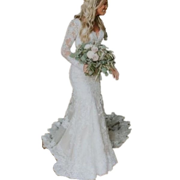 

bohemian ivory lace mermaid wedding dresses open back full sleeves long wedding gowns for bride 2022 v neck country bridal dress plus size r, White