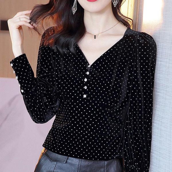 

2021 winter fall fashion womens v neck rhinestone black polka dot velvet blouse shirt , womans slim velour blouses and, White