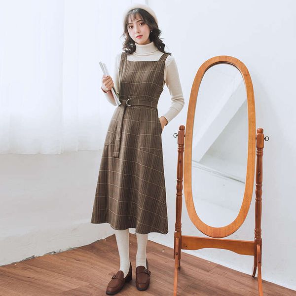 

spring 2019 hong kong style plaid dress academic mid length high waist versatile strap skirt, Black;gray
