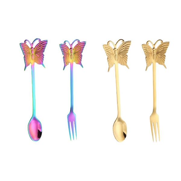 

4pcs new butterfly tea spoon and fork creative bar tableware stainless steel dessert coffee spoon christmas gift h bbyycd