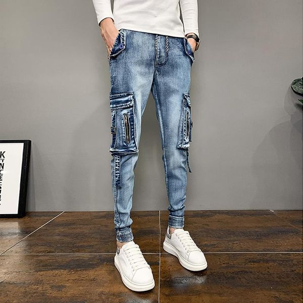 

new korean blue denim men joggers pants fashion 2020 slim fit side pockets casual jeans trousers hip hop streetwear 28-36 sale