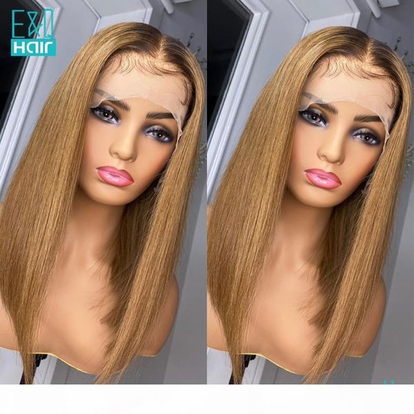 

180 density t1b 27 ombre 13x6 lace front human hair wigs for women brazilian remy honey blonde short bob lace front wig, Black;brown