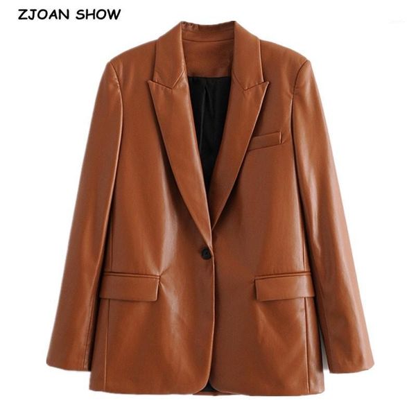 

autumn winter vintage oversize one buttons pu blazer elegant retro women slit back mid long leather suit loose coat bf outerwear1, White;black