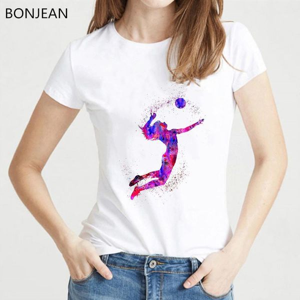

women clothes 2019 watercolor volleyball girl graphic print tshirt femme korean style t-shirt female tumblr tee steetwear1, White