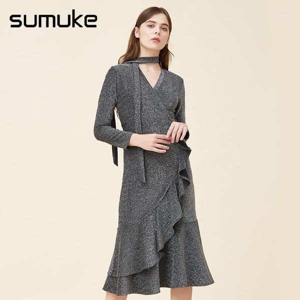 

sumuke 2018 autumn black glitter womens dress long sleeve v neck elegant party wavy edge mid-calf long dresses vestidos1, White;black