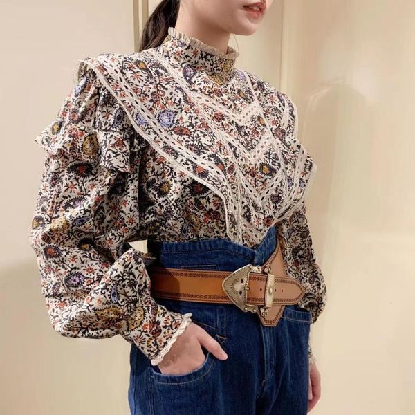 

women shirt 2021 fall/winter new lace stand collar ruffle hollow long sleeve printed blouse top, White
