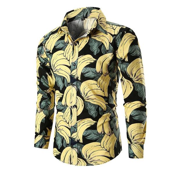 

men's fashion fruit banana print shirts casual button down long sleeve hawaiian shirt beach holiday slim fit party shirts, White;black