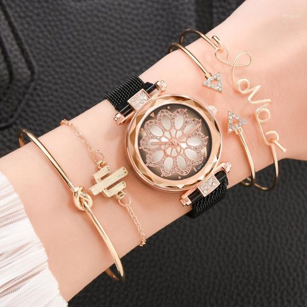 

wristwatches ladies magnetic starry sky clock luxury women watches 5pcs/set fashion diamond female quartz relogio feminino a37691, Slivery;brown