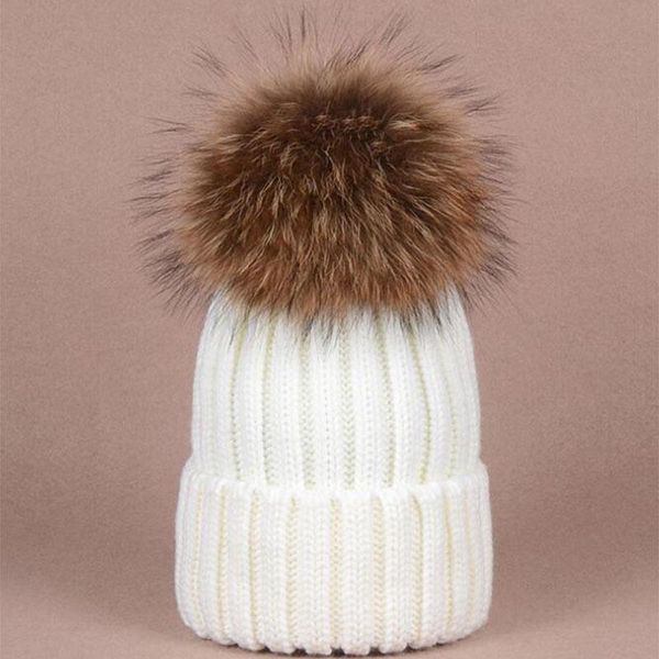 

winter hat women knitted beanie hat real raccoon fur pompom for female kids warm chunky thick stretchy, Blue;gray