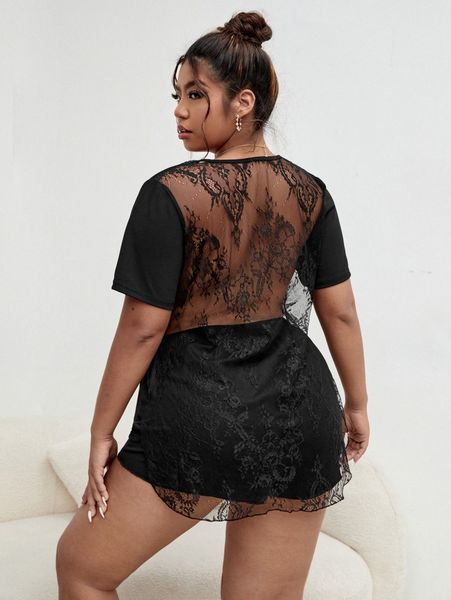 

plus contrast lace sleep z1c2#, Black;white