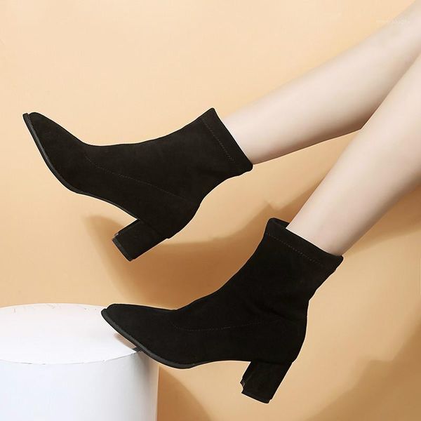 

boots 2021 winter women's fashion slip-on black mid-calf pointed toe suede-high heel square-heel botas mujer1