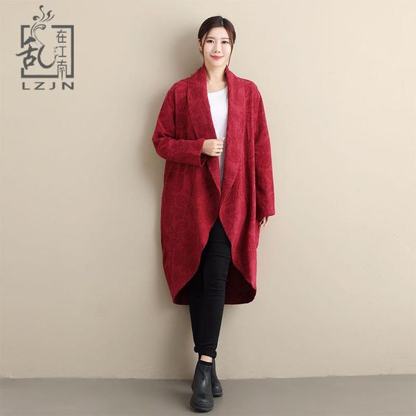 

women's trench coats lzjn vintage windbreaker women 2021 autumn long duster coat jacquard cotton linen chinese cardigan ladies jacket t, Tan;black