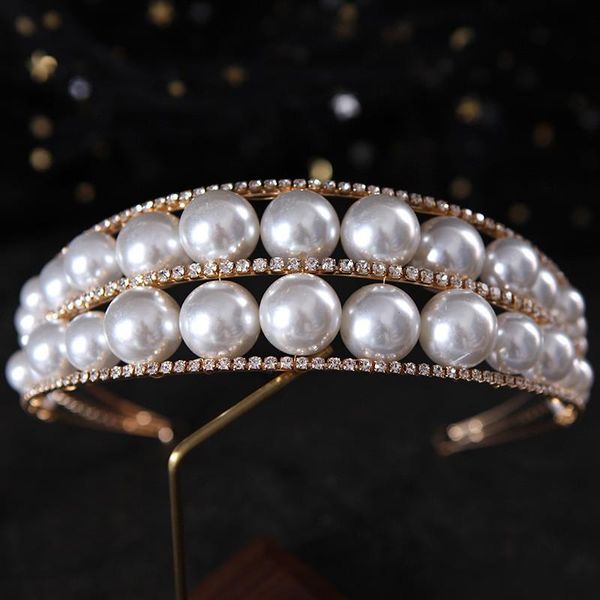

2021 new fashion rhinestone pearls tiaras and crowns royal queen headband princess party wedding hair jewelry bridal accessories, Golden;silver