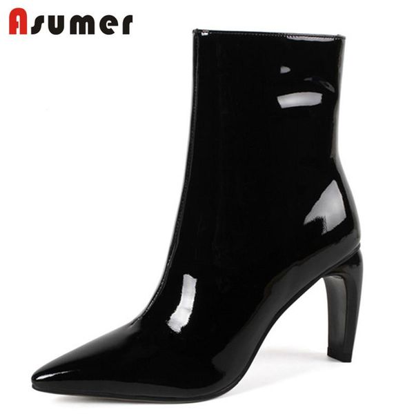

boots asumer 2021 big size 43 ankle women patent leather zip pointed toe dress office shoes woman autumn winter female, Black