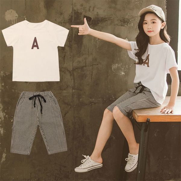 

new girls clothing sets summer girl short sleeve t-shirt + shorts 2pc suits children clothes kids girl clothing y200325, White