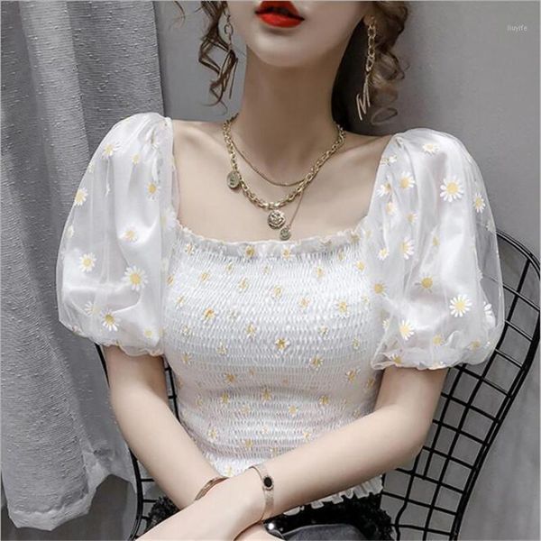

fashion print little daisy bubble sleeve chiffon shirt women's one word collar off shoulder two wear floral ruffles shirt1, White