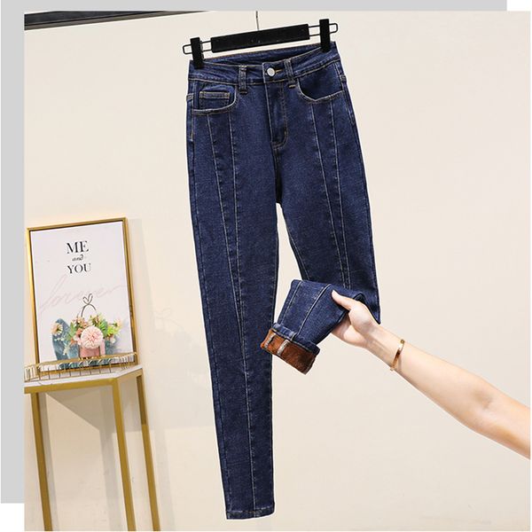

winter patchwork women's jeans high waist thinck velvet warm jeans mujer stretch skinny pencil pants woman plus size trousers5xl y1214, Blue