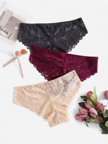 

3pack plus floral lace panty b9je#, Black;white