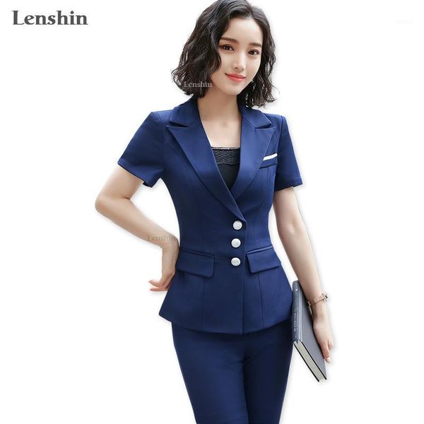 

2 pieces set pant suit summer wear v-neck formal uniform style women office lady work blue jacket with trouser1, White;black