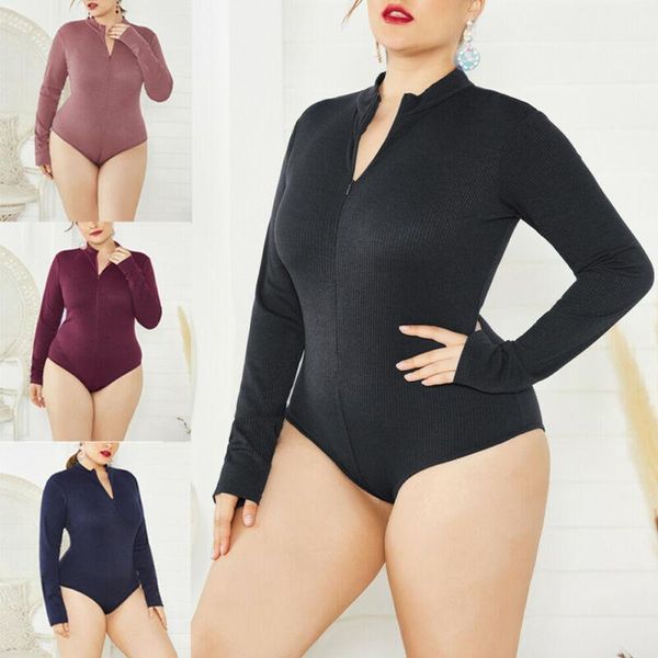 

2020 brand new womens solid long sleeve bodysuit jumper bodycon plus size zipped jumpsuit sheath bodysuits, Black;white