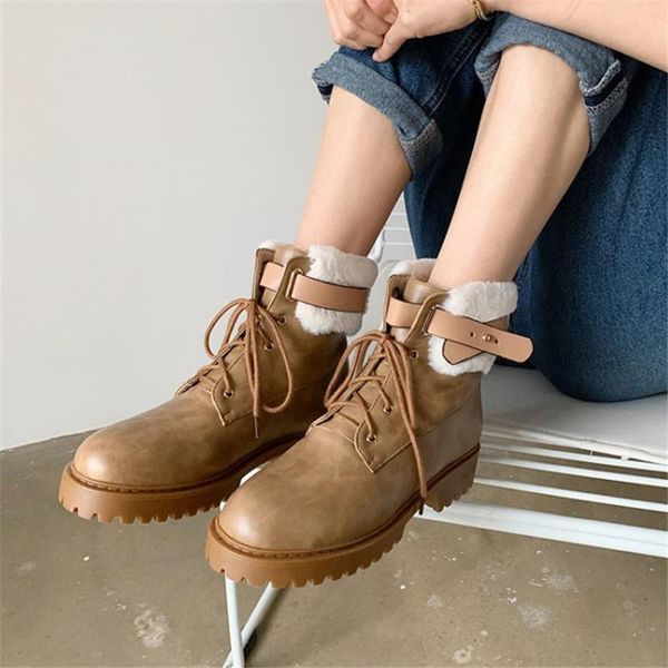 

pxelena plus size 34-44 lambswool thick fur snow boots women waterproof low heels lace up casual comfort 2021 winter warm shoes, Black