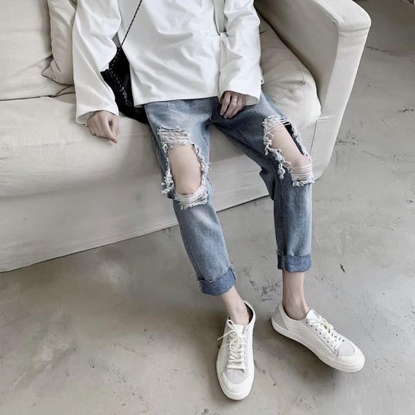 

2021 new de brim primavera e inverno nova slida rasgado tornozelo jeans solto moda jovem masculinas w0tu, Blue