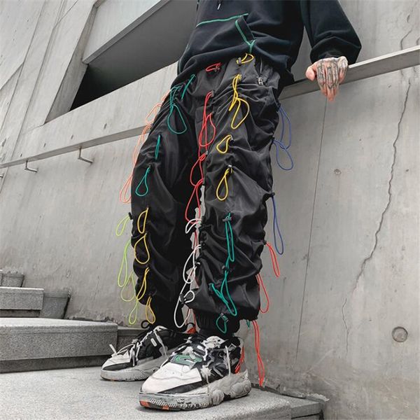 

2021 colorful men with hip hop straps pants streetwear elastic corridors casual black sweatpants rvlm
