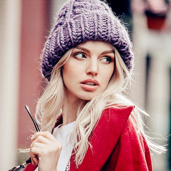 

fashion cap knitted couple hat new european women's knitted cap winter warming pure-color ruffled rough wool warming girl's1