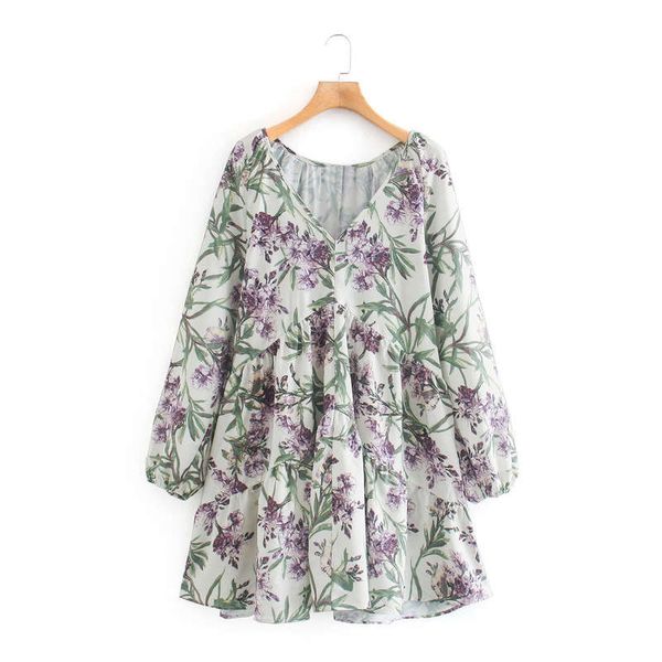 

q3109 women's fashion 2020 summer new v-neck purple flower green leaf print long sleeve dress, Black;gray