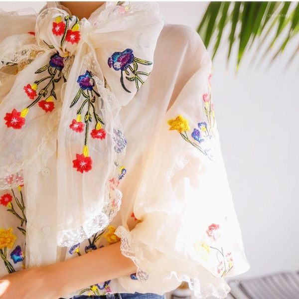 

women blouse luxury embroidery floral blouses long lantern sleeve loose casual elegant ladies sweety big bows blouse ns8581, White