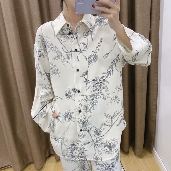 

2021 new womens blouse suits wear suit spring print down shirts +elastic waist wide leg pants piece sets e65y, White