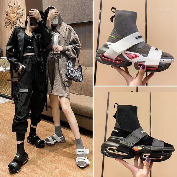 

womens genuine leather ankle boots stretchy hoof strange high fretwork heel belt sneakers casual shoes black new korean style1