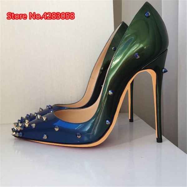 

sending the fashions women green lady pumps studded leather spikes of patent toe foot point in high heels 12 8 cm my3r, Black