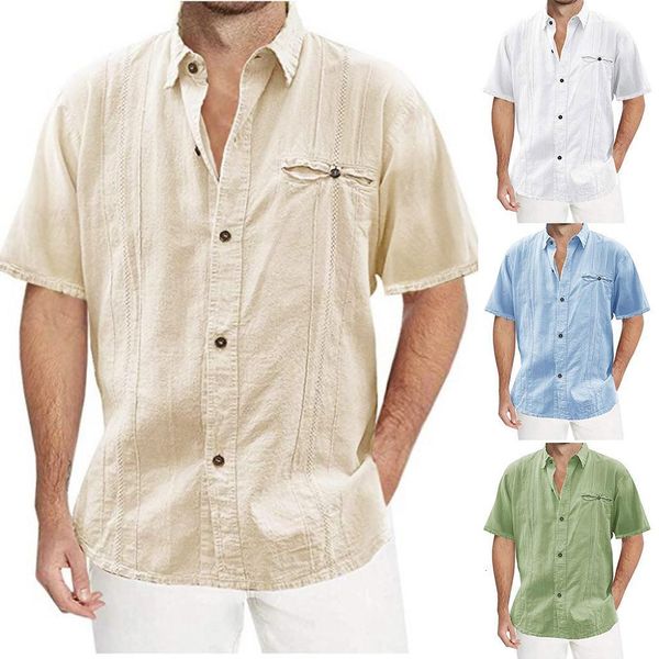 

fashion men's casual turn-down collar button solid beach short sleeve blouse solid cotton linen loose beach harajuku shirts, White;black