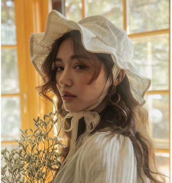 

french retro court lace hat women's white lace-up fairy hat mori ruffled sunshade fisherman, Blue;gray
