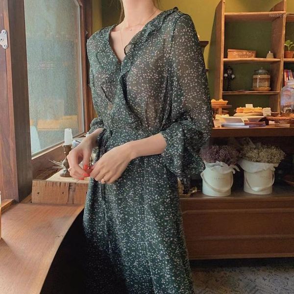 

vintage green v-neck ruffles chiffon dress women full lantern sleeve a-line dresses female autumn high waist long vestidos femme1, Black;gray
